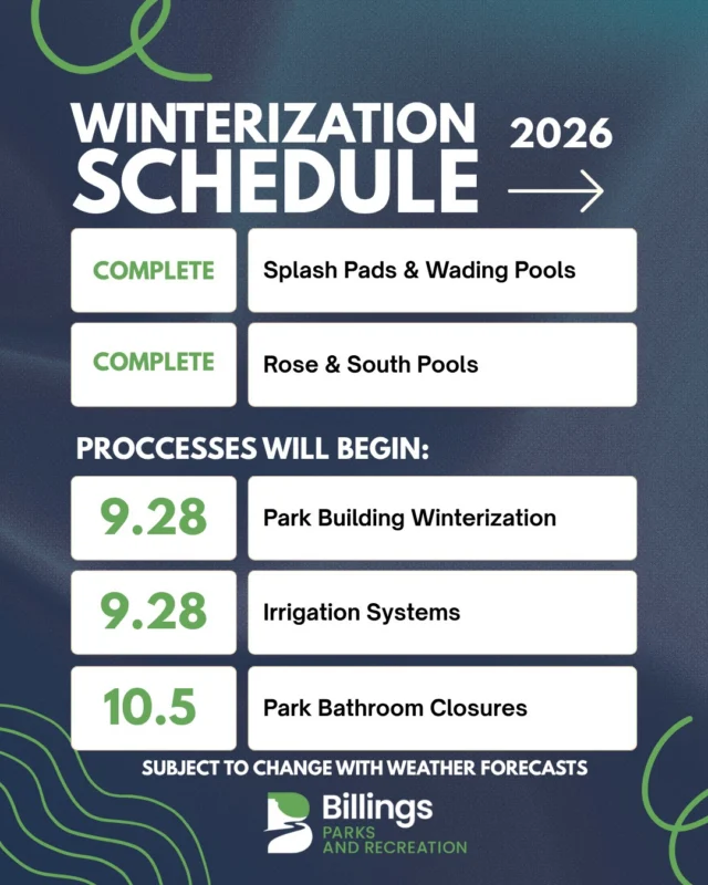 We don't want to cause alarm, but now that it's 🍁 fall - our staff are preparing for winter 🥶

Here's a look at the planned processes for winterizing aquatics, facilities, and irrigation over the next month. Staff will work through the end of October to complete winterization. Starting next week, irrigation and building exteriors will be winterized. And for most of our park visitors, be prepared that smaller parks will see bathroom closures beginning in early October.

Depending on changing forecasts, of course, but that's tomorrow's problem - it's sunny and beautiful today! 🌞 Get outside! 😎