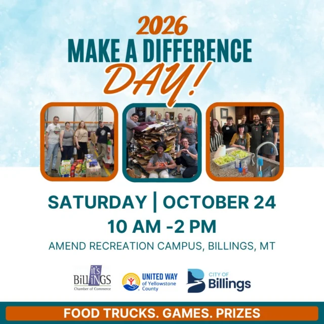 The @city_of_billings and United Way of Yellowstone County are excited to invite you to Make a Difference Day! Our organizations have chosen to celebrate this nationwide moment, in honor of America250 and Montana250 celebrations, and host a Volunteer Fair at the Amend Recreation Center on October 24th from 10am to 2pm.
 
The goal of this event is to promote volunteerism and help you find a place to serve in our community. There will be dozens of nonprofit organizations all in one place to introduce you to a range of service opportunities that you can support. If you have been considering the impacts of mental health on our citizens, the needs of youth, or supporting the environmental issues impacting the Yellowstone Valley, please consider this your call to action!
 
Thank you to @visitbillingsmt for supporting and promoting this event! Special thanks to Mayor Nelson for proclaiming October 24th Make a Difference Day in the City of Billings. Please join us to answer the call from our Mayor to “join the volunteer movement and serve our community” from this week’s City Council meeting. Thank you for all you do to serve our City!